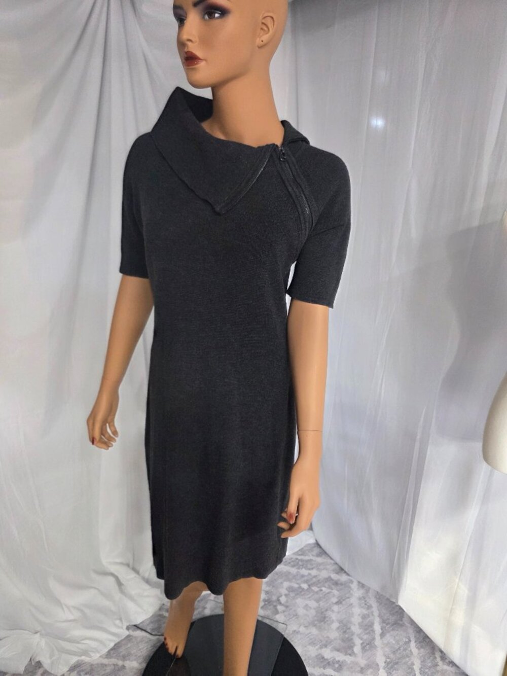 Calvin Klein Sweater Dress Charcoal Gray Asymmetric Zip Collar Size L